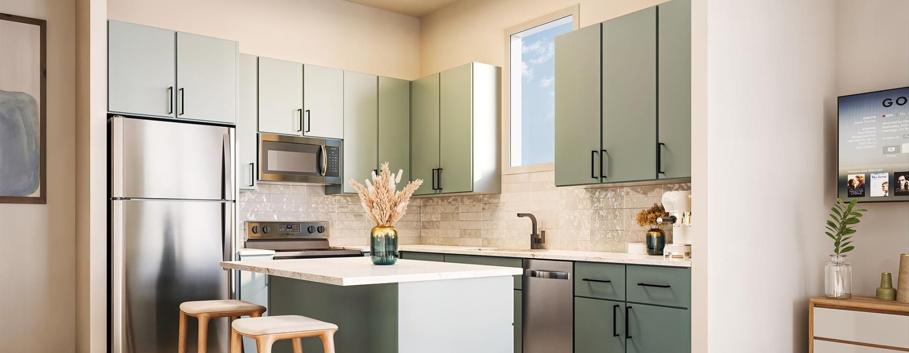 a kitchen with a bar stool and a refrigerator